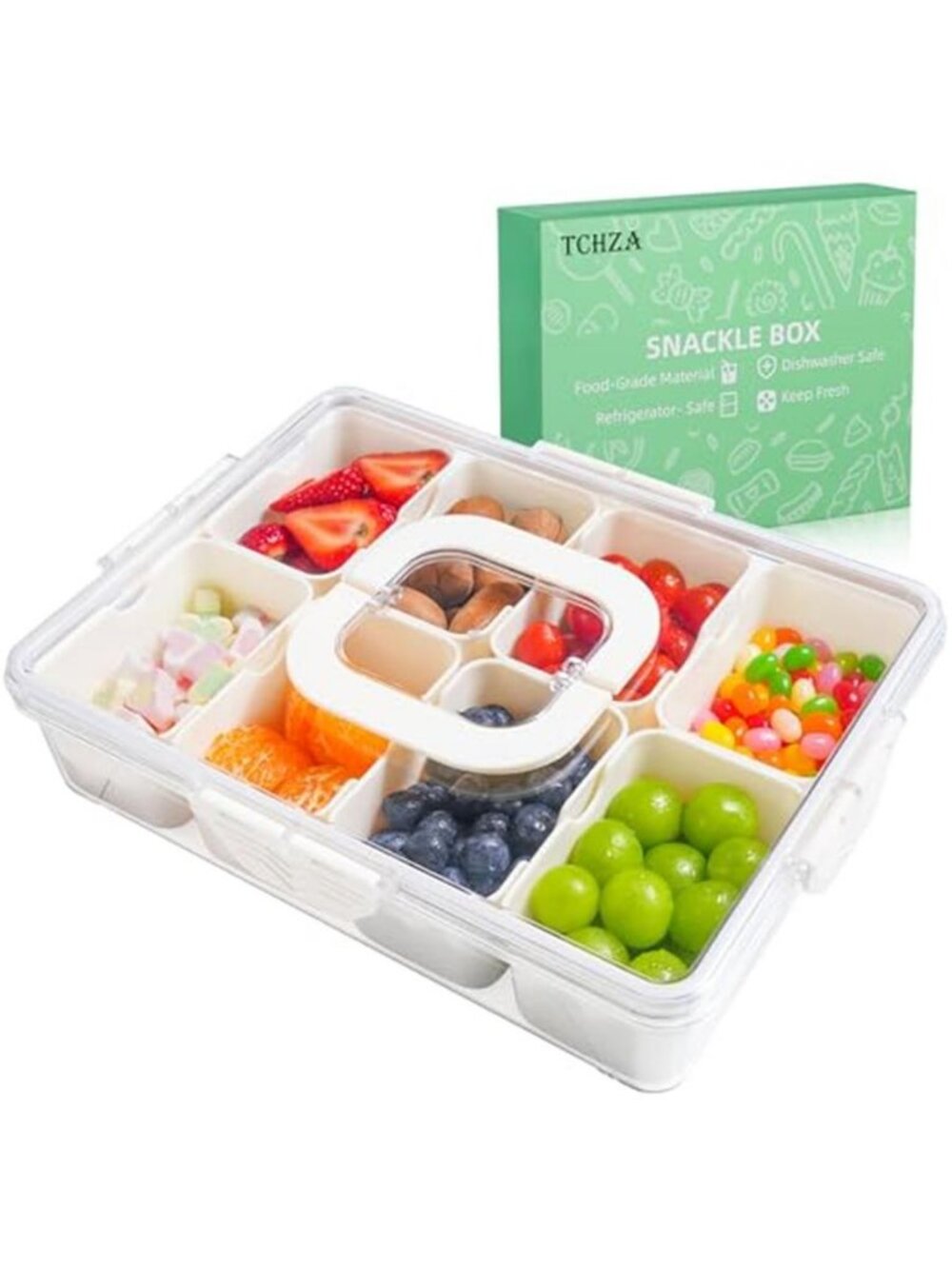 Snackle Box Container Dishwasher Safe Divided Serving Tray with Lid Handle